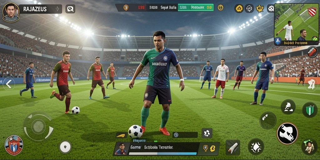 Gameplay seru RAJAZEUS yang menampilkan aksi sepak bola nyata.