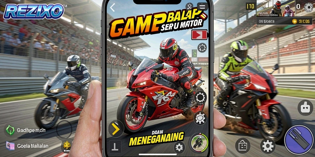 Screenshot gameplay <strong>REZIXO</strong> memperlihatkan aksi balap motor yang mendebarkan.