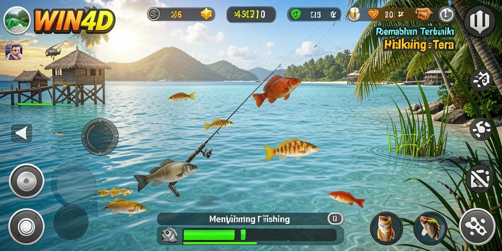 Screenshot gameplay WIN4D yang menunjukkan aksi memancing seru.