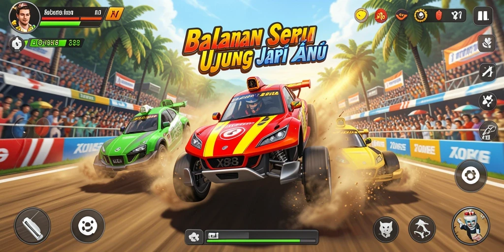 Tampilan gameplay balapan mendebarkan di X88 dengan mobil cepat.
